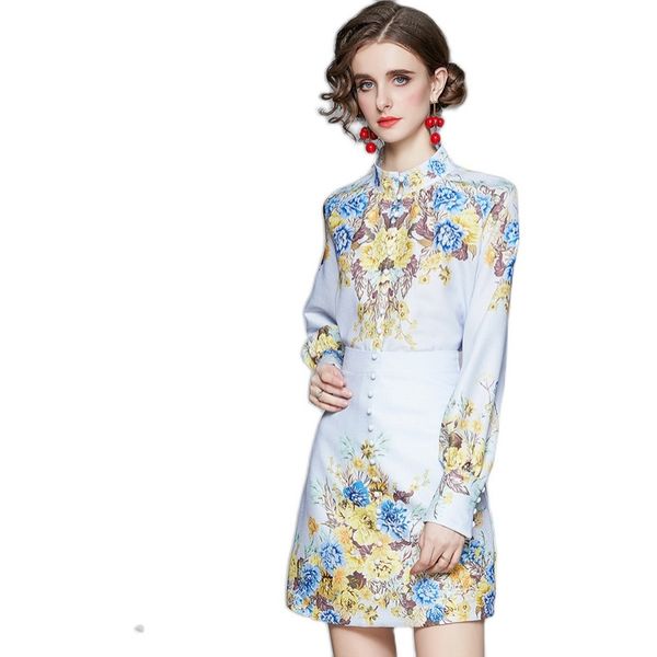 

women cotton & linen elegant vintage print long sleeve shirt +bodycon pencil skirt two piece set work office business party 210525, White