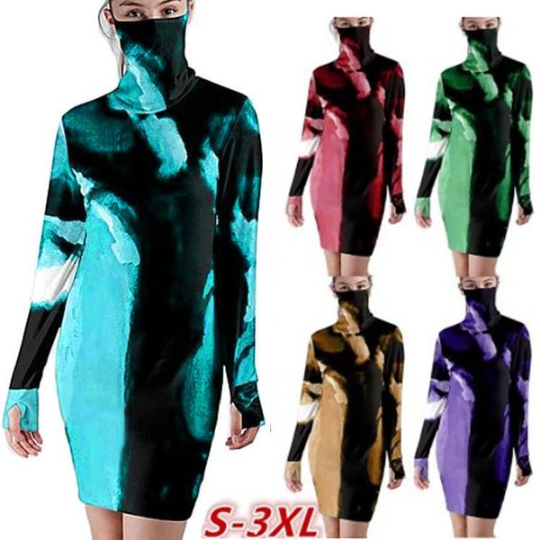 

europe and america autumn and winter 2020 new women designer tie dye mask dresses long sleeve bodycon dresses stretchy clothing, Black;gray