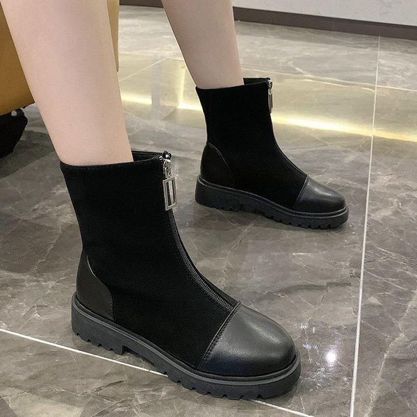 

boots 2021 autumn british style thick heel middle vintage short, Black