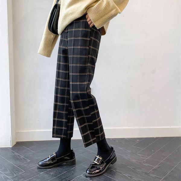 

women's jumpsuits & rompers spring autumn korea fashion women high waist loose straight pants all-matched casual ankle-length plaid v27, Black;white