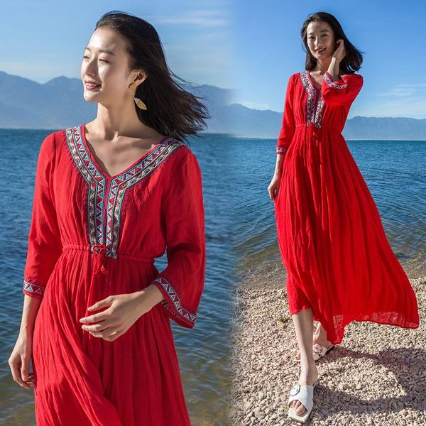 

vintage women v-neck red maxi sundress summer bohemian short sleeve cotton linen midi dress elastic waist sea holiday vestido, Black;gray