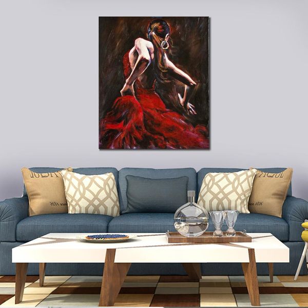 Dipinti di figura su tela ballerina di flamenco spagnolo in abito rosso moderna opera d'arte decorativa donna pittura a olio dipinta a mano
