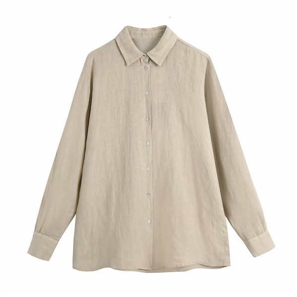 

women's blouses & shirts women summer casual turn-down collar solid long linen female single breasted sleeve 2021 za khaki sagging, White