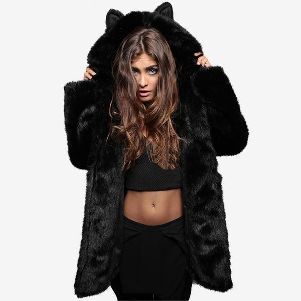 

faux fur thicken hooded women's coats solid fox fur long sleeve cartoon ear warm lady hoody winter autumn female coat xxxl 210222, Black