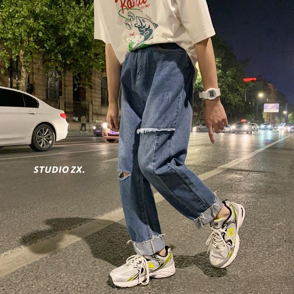 

2021 new men's straight loose casual pants baggy homme classic cargo pocket jeans fashion blue color biker denim trousers -2xl lwmd