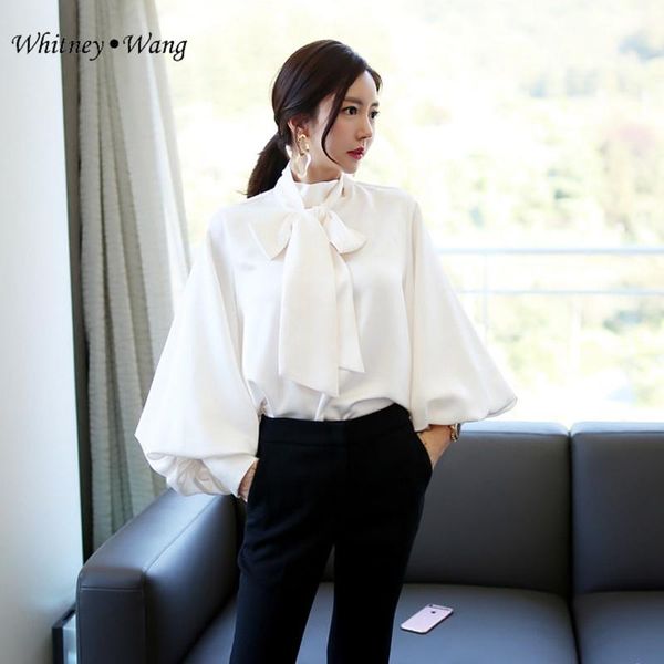 

women's blouses & shirts whitney wang 2021 spring fashion elegant big lantern sleeve bow satin blouse women blusas office lady shirt to, White