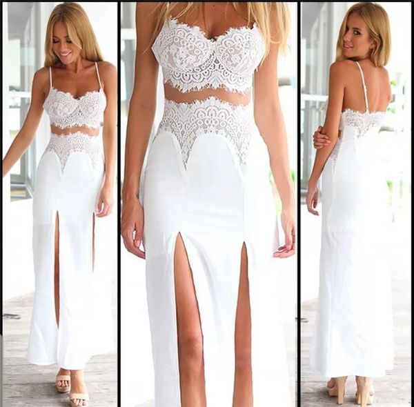 

women two pieces lace v-neck floral strap tabk vest crop high waist split skirt side split long maxi skirt women dress, Gray