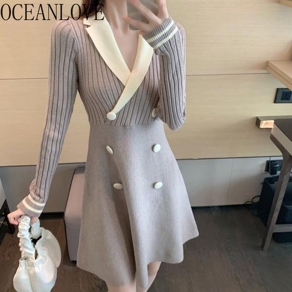 

casual dresses oceanlove v neck women dresess knitting vintage japan style autumn winter vestidos high waist striped a-line mini sexy, Black;gray