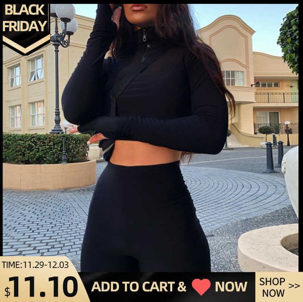 

helisopus women two piece set 2021 autumn zipper turtleneck long sleeve crop casual stretch shorts tracksuit t191212, White