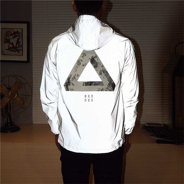 

full reflective windbreaker jacket men hoodie spring oversized 5xl outwear fluorescent printed coat hip hop streetwear 211214, Black;brown