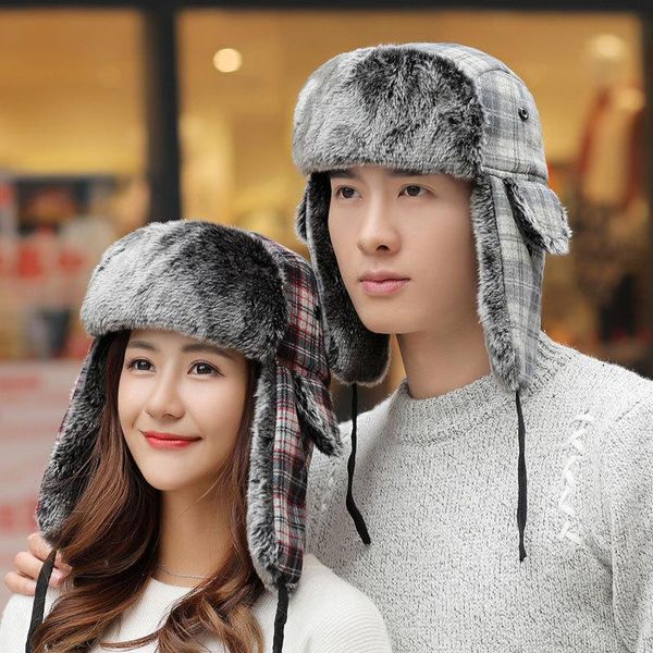 

berets winter hat with grid women men earflap cap checkered trapper outdoor warm bomber russian, Blue;gray