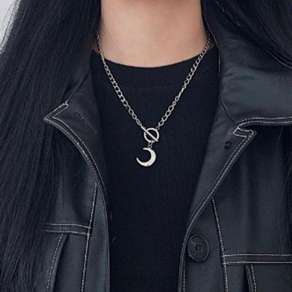 

pendant necklaces punk titanium steel crescent moon for women trendy vintage thick chain geometric clavicle necklace jewelry, Silver
