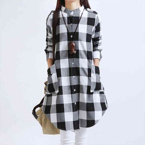 

plus size clothing 3xl womens shirt full sleeve casual plaid cotton large blouse long design for female jd-001, White