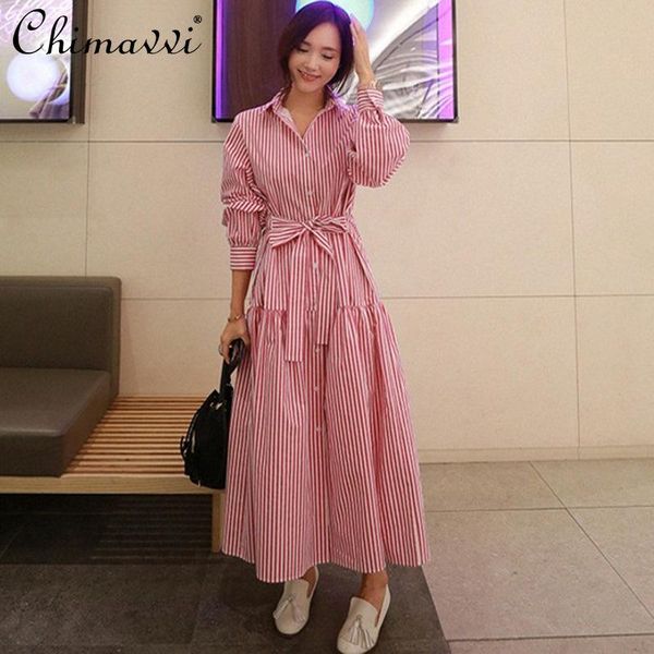 

casual dresses spring and summer korean style overknee dress women's long striped shirt female loose oversized lace up versatile, Black;gray