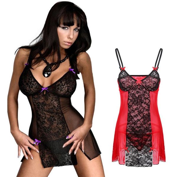 

women's sleepwear plus size lingerie half slip black women perspective lace belt minidress intimate slips, Black;red