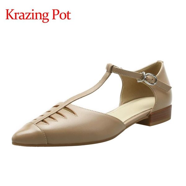 

sandals krazing pot summer mules genuine leather pointed toe low heels ballet elegance young lady energy buckle straps women l50, Black