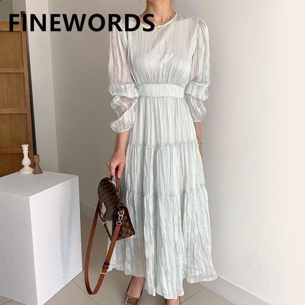 

finewords light green spring elegant pleated dress korean high waist vintage dress long sleeve o neck gentlewomen pary dresses, Black;gray