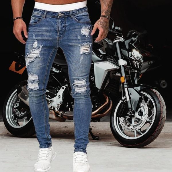 

men's skinny jeans pencil pants motorcycle party casual streetwear cowboy d88, Black