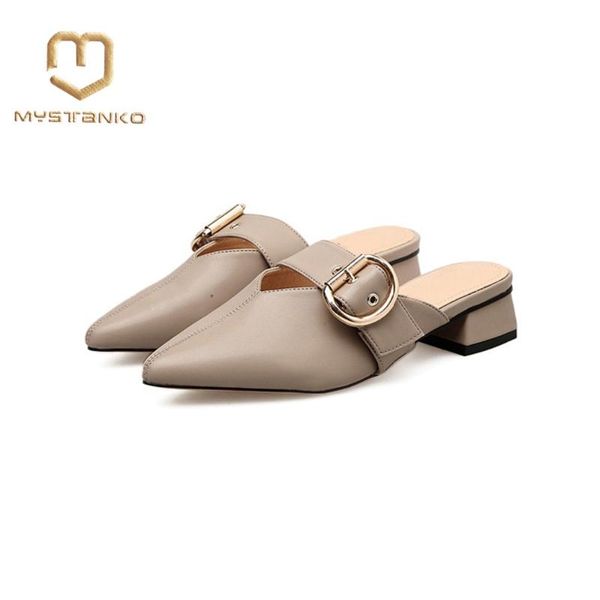 

slippers summer metal buckle word sandals female thick with pointed toe cap half soles shoes. lx-058, Black
