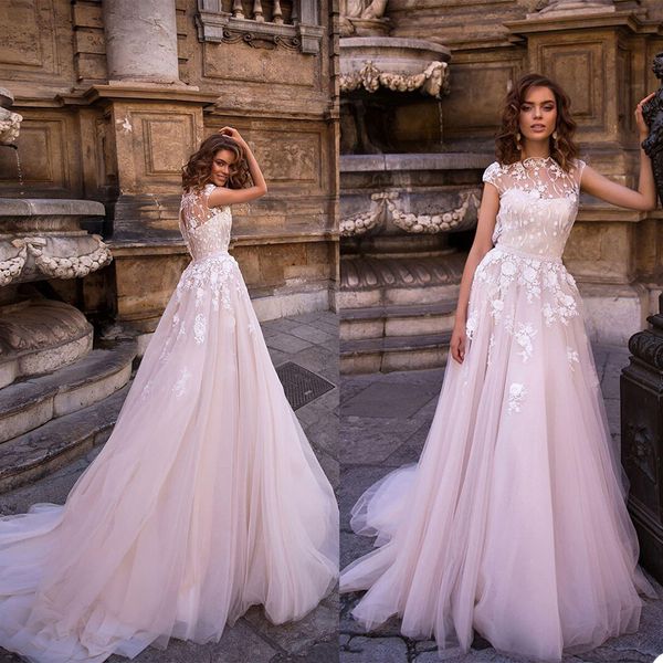 

2021 luxury wedding dresses jewel capped sleeves lace appliques bridal gowns custom made sweep train a line wedding dress, White