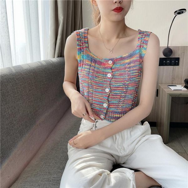 

women's tanks & camis square collar knitted cropped tank female bodycon stretchable sleeveless tie-dye t shirts tees camisole women, White