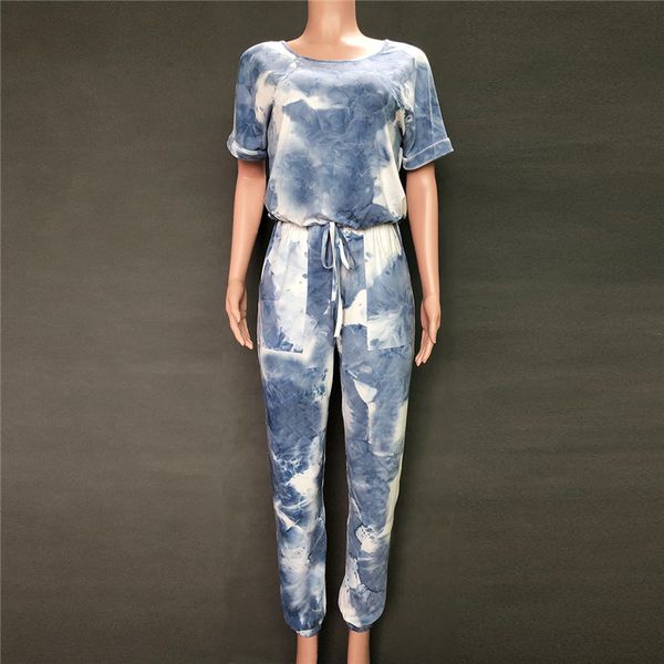 

tie dye print jumpsuits women casual loose rompers ladies o neck pants short sleeve party club outfits femal long jumpsuit women, White