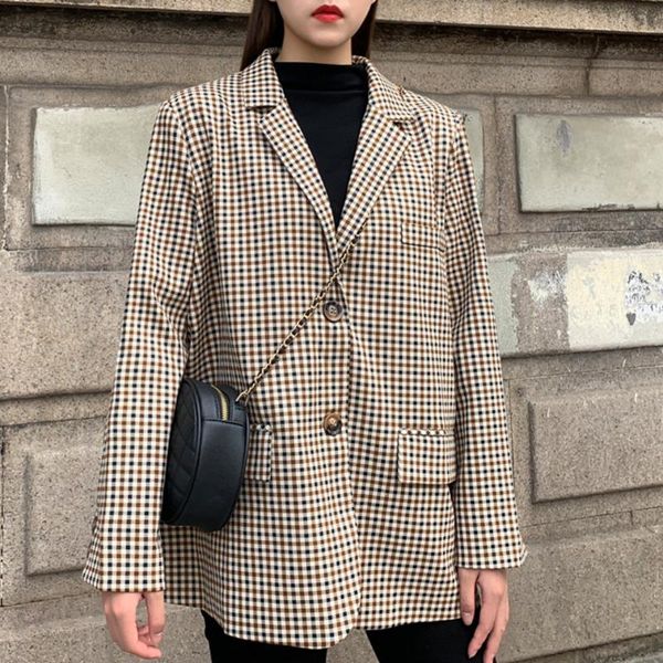 

women's suits & blazers [ewq] 2021 spring female elegante casual notched collar long-sleeved single breasted panelle yellow plaid blaze, White;black