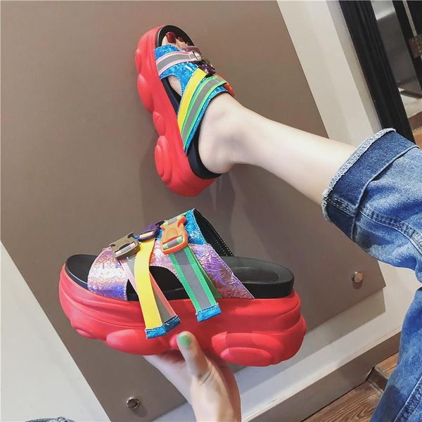 

slippers casual shoes women heels slides platform on a wedge pantofle luxury flat high summer rubber 2021 pu fashion bonded, Black