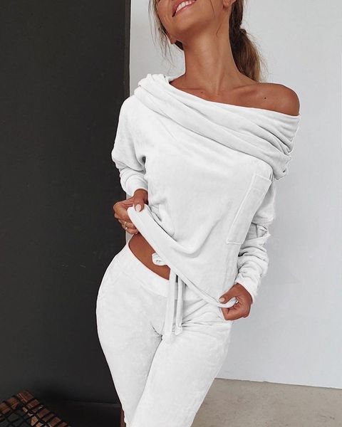 

two piece dress pink off shoulder pleuche + trousers set women 2 sets autumn winter warm outfits, White