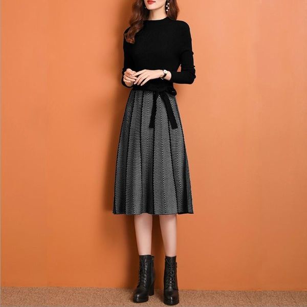 

casual dresses kmetram knitted sweater dress women clothes 2021 autumn winter vintage midi elegant ladies vestidos my4958, Black;gray