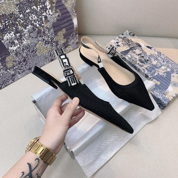 

sandals knitting lace mesh summer women 2021 flat designer shoes fashion pointed mules cat heel pumps, Black