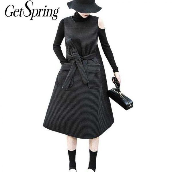 

getspring women dress autumn winter dresses bandage sleeveless black long vintage white clothing 210601, Black;gray
