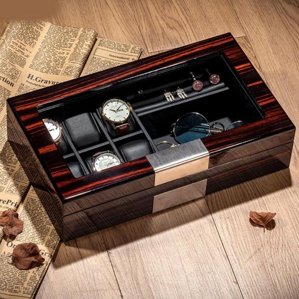 

watch boxes & cases luxury rectangular storage jewelry transparent flip cover 6 grids box display rack ebony wood cajas de almacenamiento, Black;blue