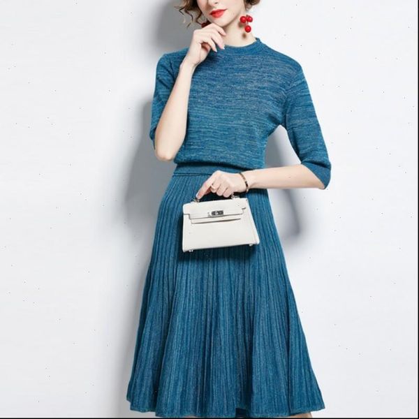 

new arrival runway fall women high end knit pullover sweater outfit elegant bright silk knitted skirt clothes 2 pieces set, Gray