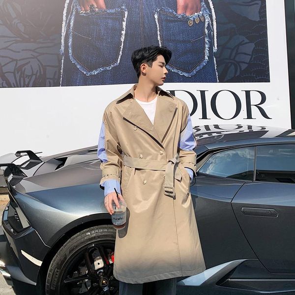 

men's trench coats autumn windbreaker fashion contrast color stitching casual v-neck coat man streetwear wild loose long jacket male, Tan;black
