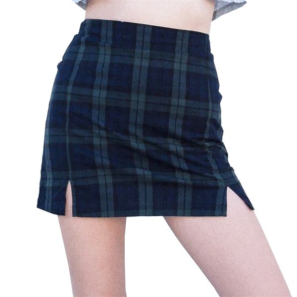 Streetwear Slim Tartan Green Harajuku Plaid Röcke Damen Hohe Taille Split Kurzer Rock Sexy Frauen A-Linie Minirock ZA XN 210309