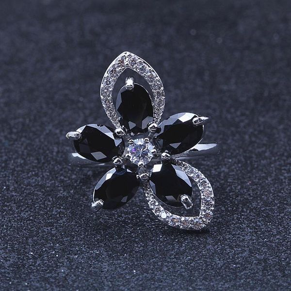 

wedding rings ring for women classic black crystal flower office lady fashion jewelery party birthday gift j249, Slivery;golden