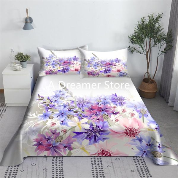 

sheets & sets nordic pink purple flowers bed flat sheet with case queen size 3pcs soft polyester mattress cover protector floral bedding