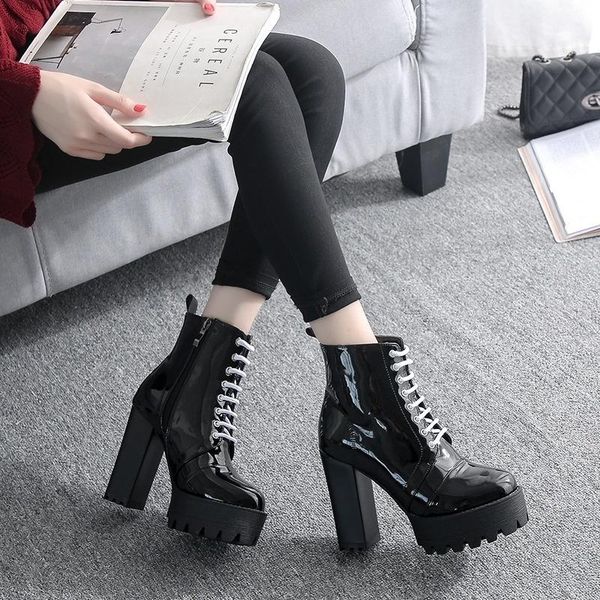 

boots autumn and winter patent leather short waterproof platform thick heel tube dance women's middle, Black