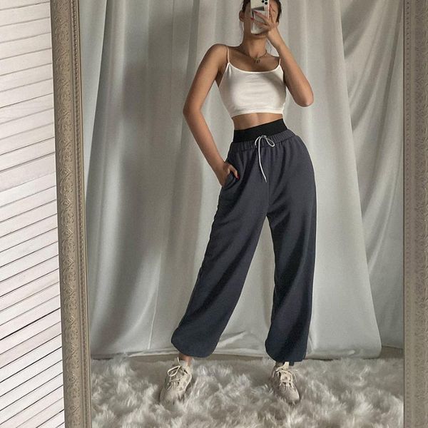 

kalenmos woman pants solid high waist thick casual trousers joggers women streetwear sweatpants mujer pantalones femme pantalon, Black;white