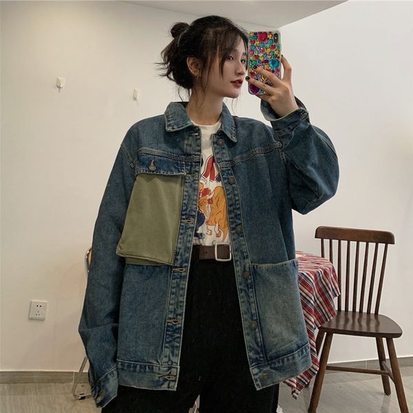 

2021 spring female stand collar single breasted long-sleeved minimalist patchwork denim jacket cardigan coat 8q722, Black;brown