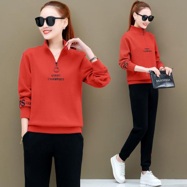 

spring autumn casual two piece set zipper stand collar long sleeve sweater comfortable sports outfits for women pant suits, White