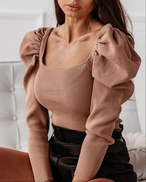 

women puff sleeve square neck low cut bodysuit jumpsuit one piece bodycon slim solid bodysuit outwear 3 colors, Black;white