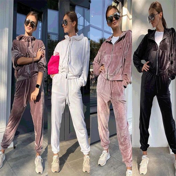 

women's two piece pants gold velvet tracksuit women set autumn clothes zipper hooded jacket and long suit casual velour sets, White