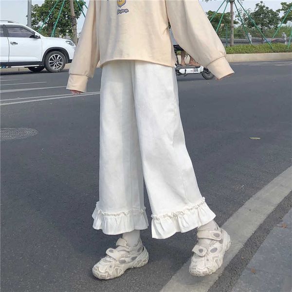 

women's pants & capris japanese students kawaii lolita women trousers spring autumn elastic waist casual loose wide leg ruffled he, Black;white
