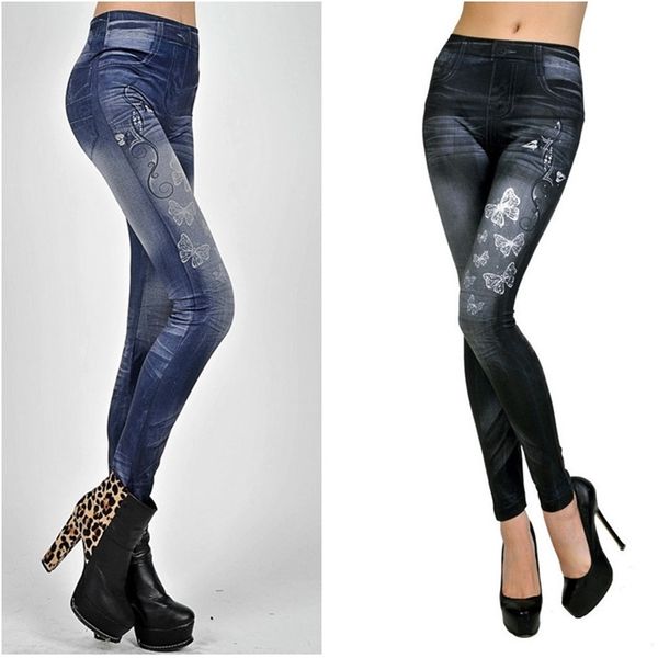 

skinny imitation denim leggings elastic slim fit cropped pants leggings 211201, Blue