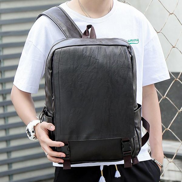 

backpack 2021 korean men's shoulder bag trendy retro pu leather leisure fashion travel large-capacity