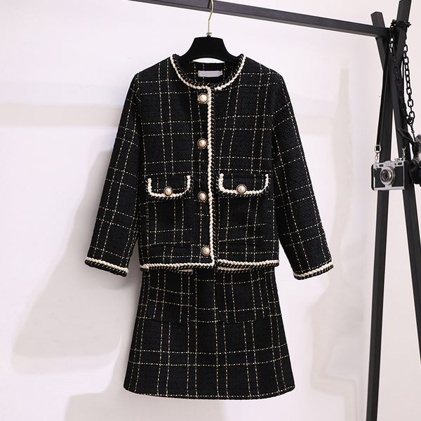 

2021 quality vintage autumn winter elegant woolen 2 piece tweed jacket coat & high waist mini skirt set women outfits cnim, Black;gray