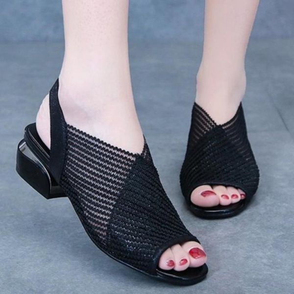

2021 summer women fashion sandals thick heel peep toe back strap breathable pu mesh beach casual ladies shoes girl plus size, Black