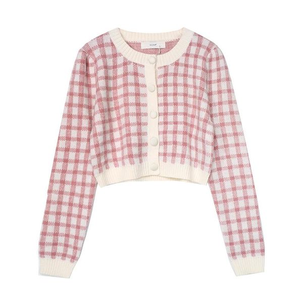 

women's knits & tees vintage plaid women sweater autumn loose ladies short knitted sweaters long sleeve buttons o neck solid pink cardi, White